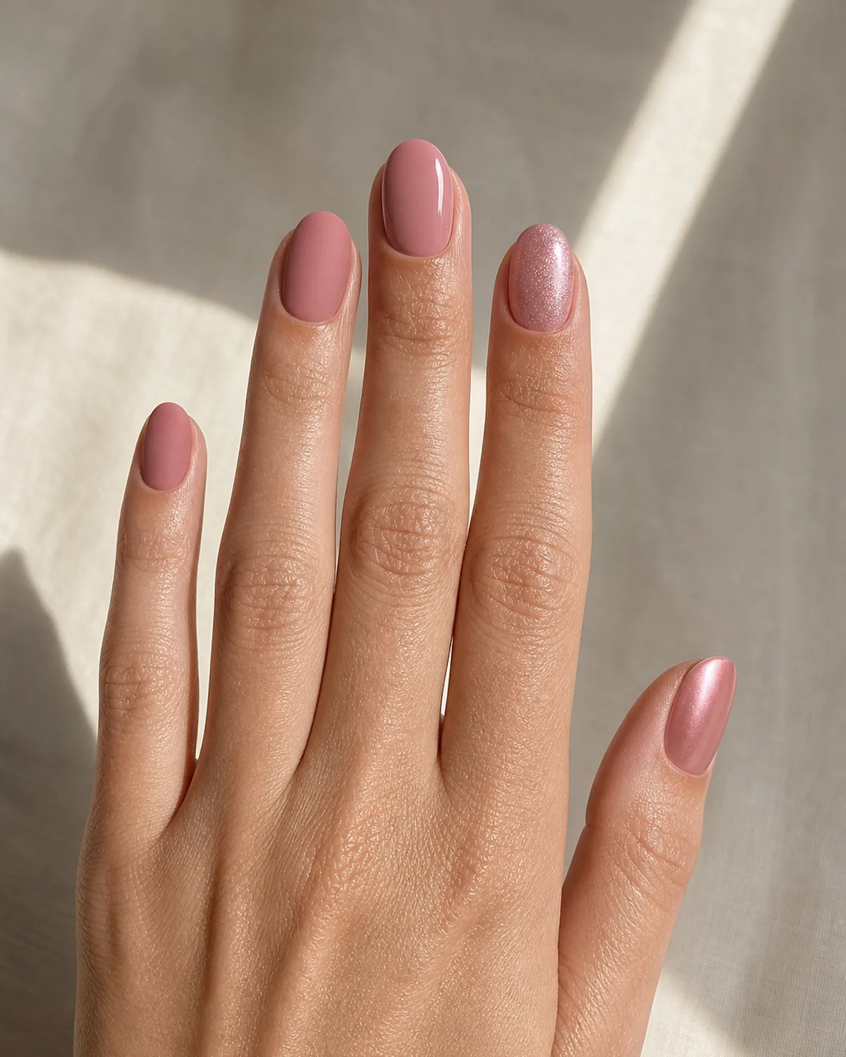 Close-up of short almond nails all in the same rose-pink hue but with different finishes — matte, glossy, shimmer, chrome — on light-medium skin reaching toward sunlight