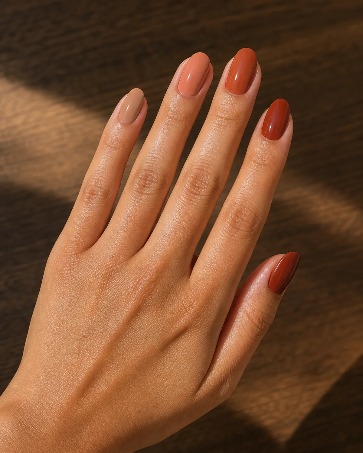 Close-up of medium oval nails in five different shades of the same terracotta-orange family, on tan skin turned slightly sideways on warm walnut wood