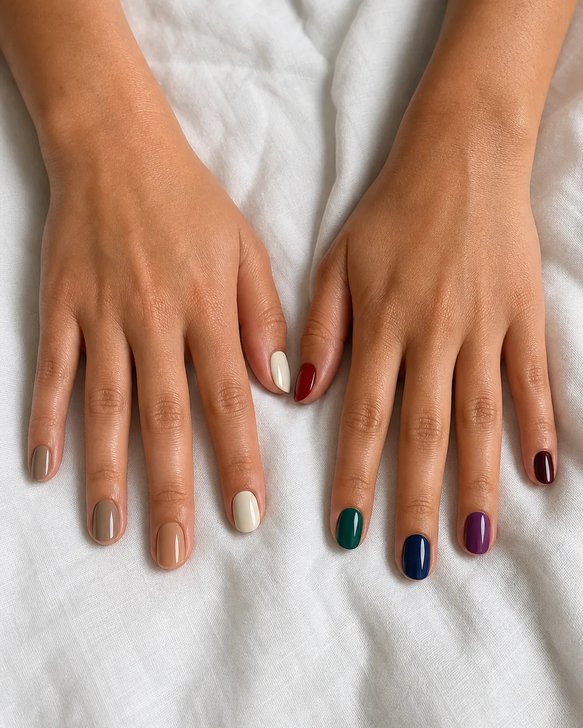 Close-up of two hands resting side by side, one in a soft neutral tonal palette and the other in a bold jewel-toned palette, on medium skin with both hands palms-down