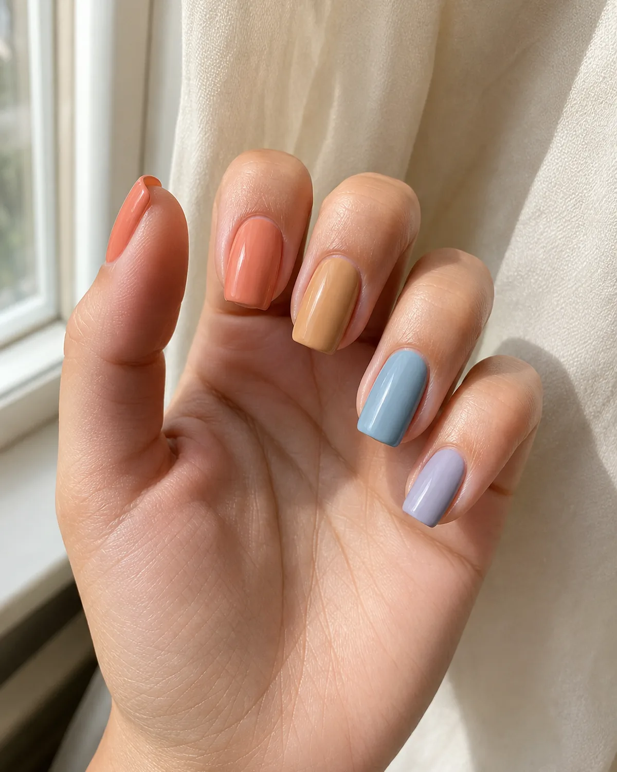 Close-up of medium square nails split between warm coral and golden nude tones and cool blue and lilac-grey tones, on light-medium skin turned palm-out near a window