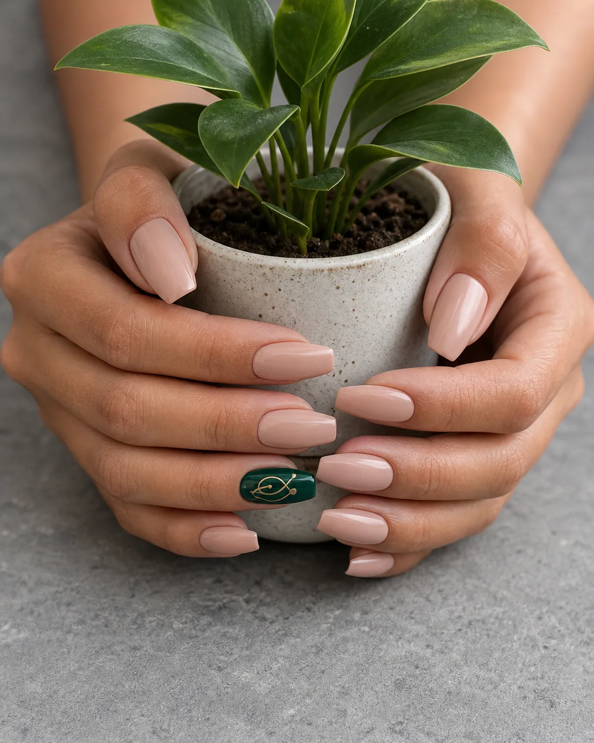 Close-up of medium coffin nails with nine nails in matching soft nude and one accent nail in bold emerald green with a small graphic pattern, on medium skin cradling a small potted plant