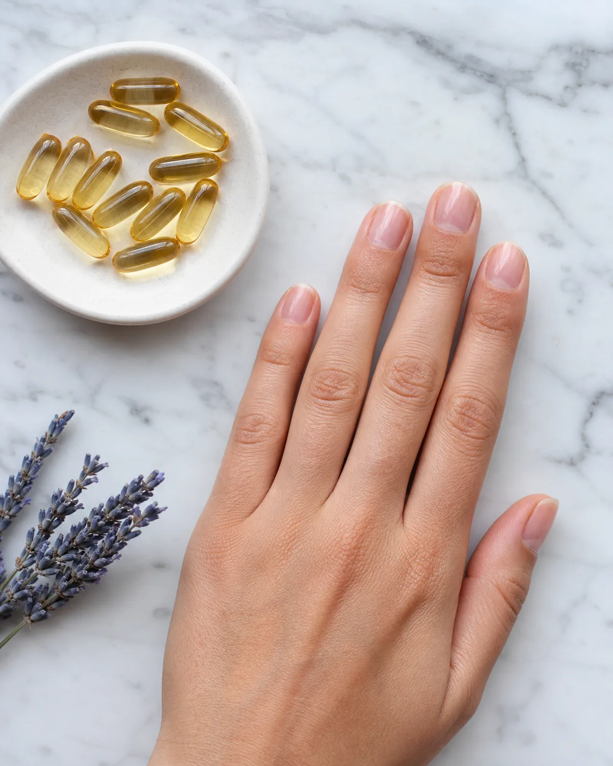 Overhead editorial flat-lay of golden biotin capsules in a white dish beside a hand with strong healthy natural nails