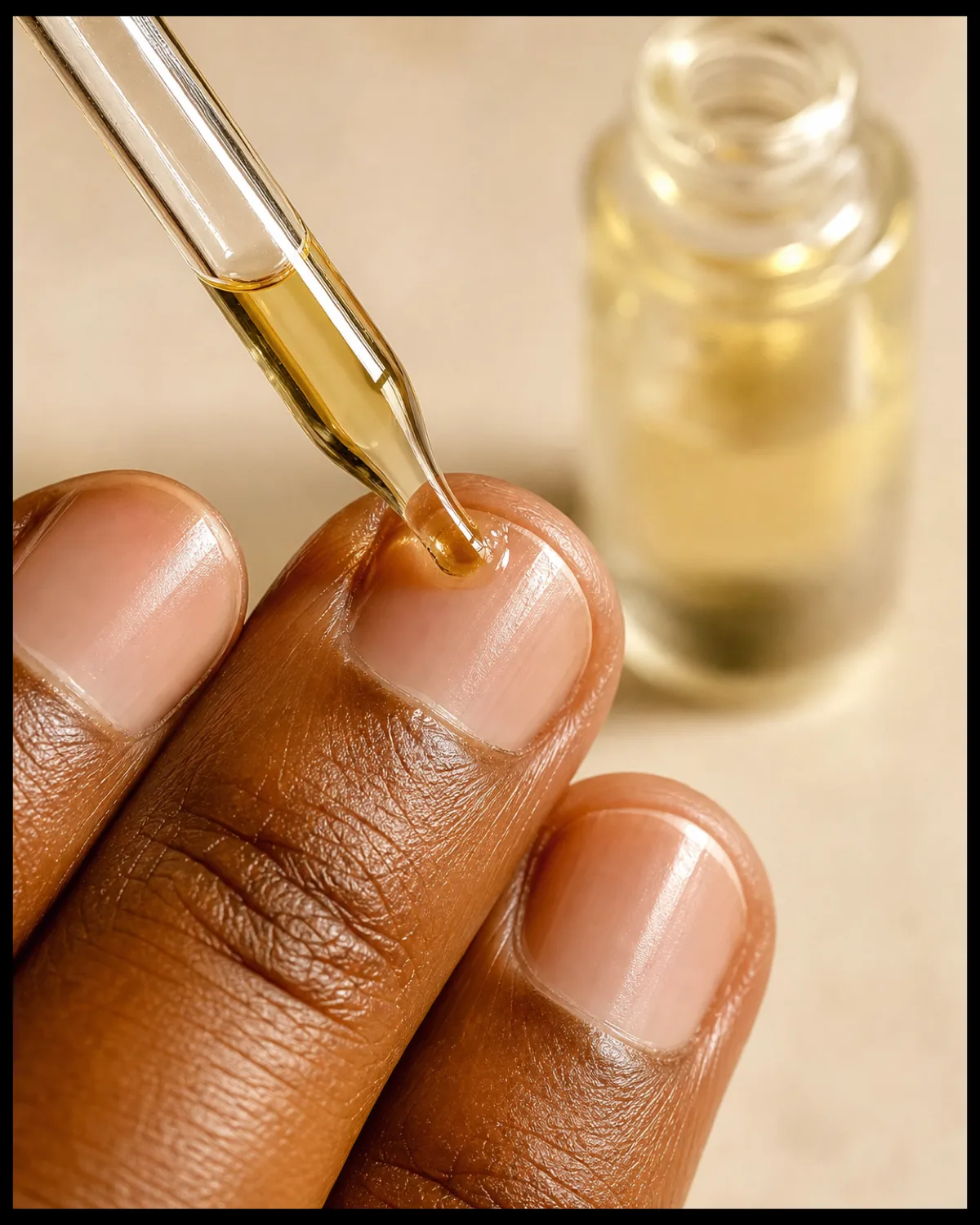Extreme close macro of cuticle oil being applied at the cuticle line with a glass dropper