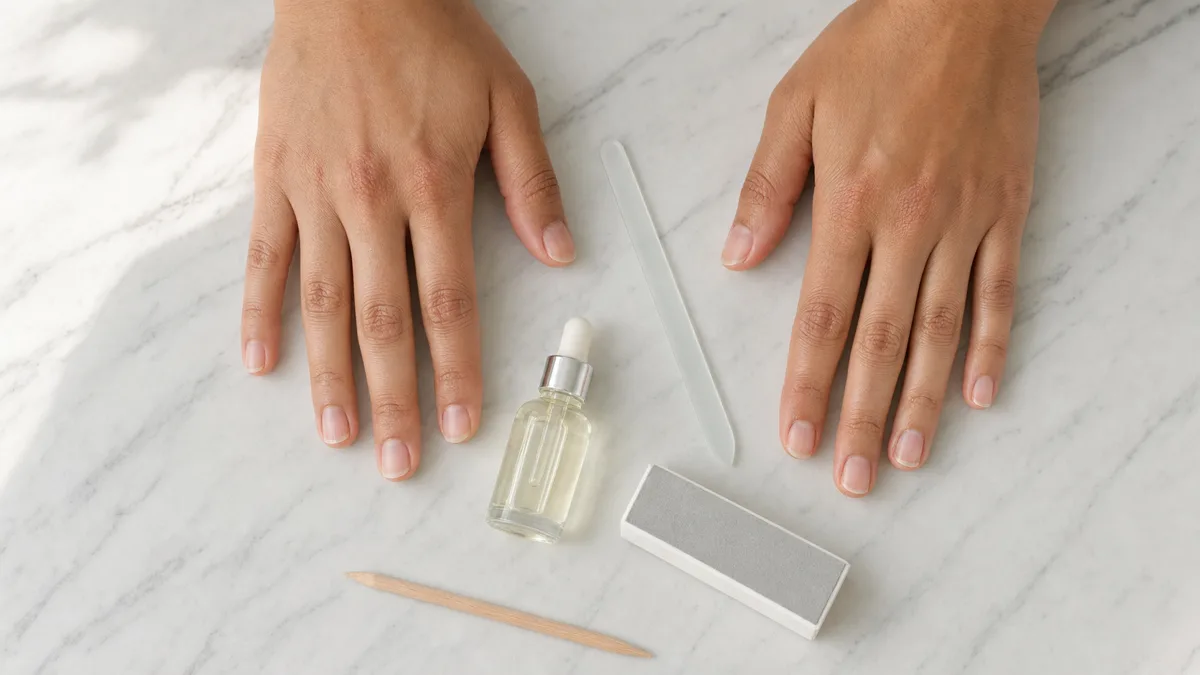 Overhead view of two hands with clean natural nails resting on white marble beside a glass nail file, cuticle oil, and buffer block