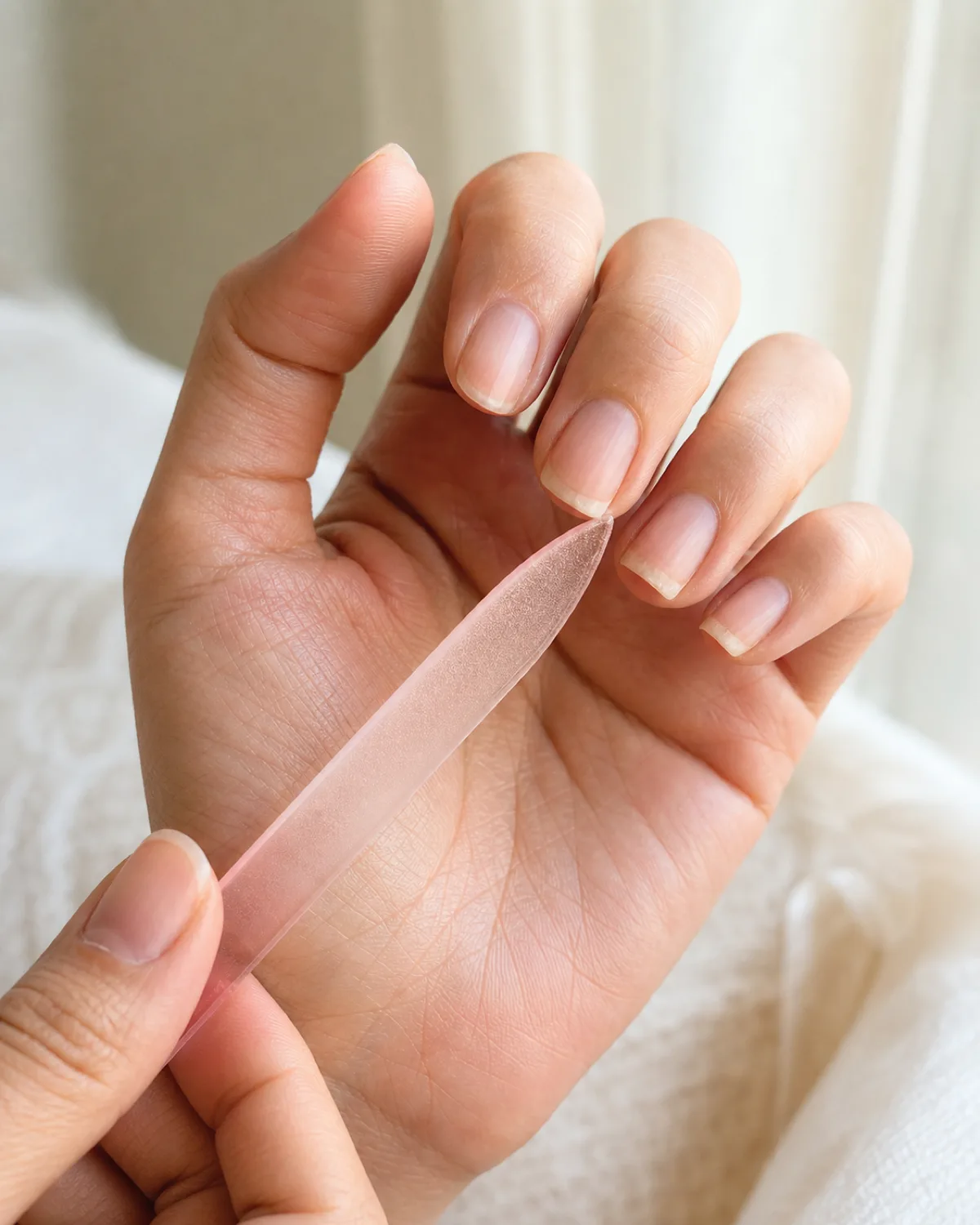 Close-up of a hand filing natural nails with a crystal glass file in one direction, side three-quarter angle