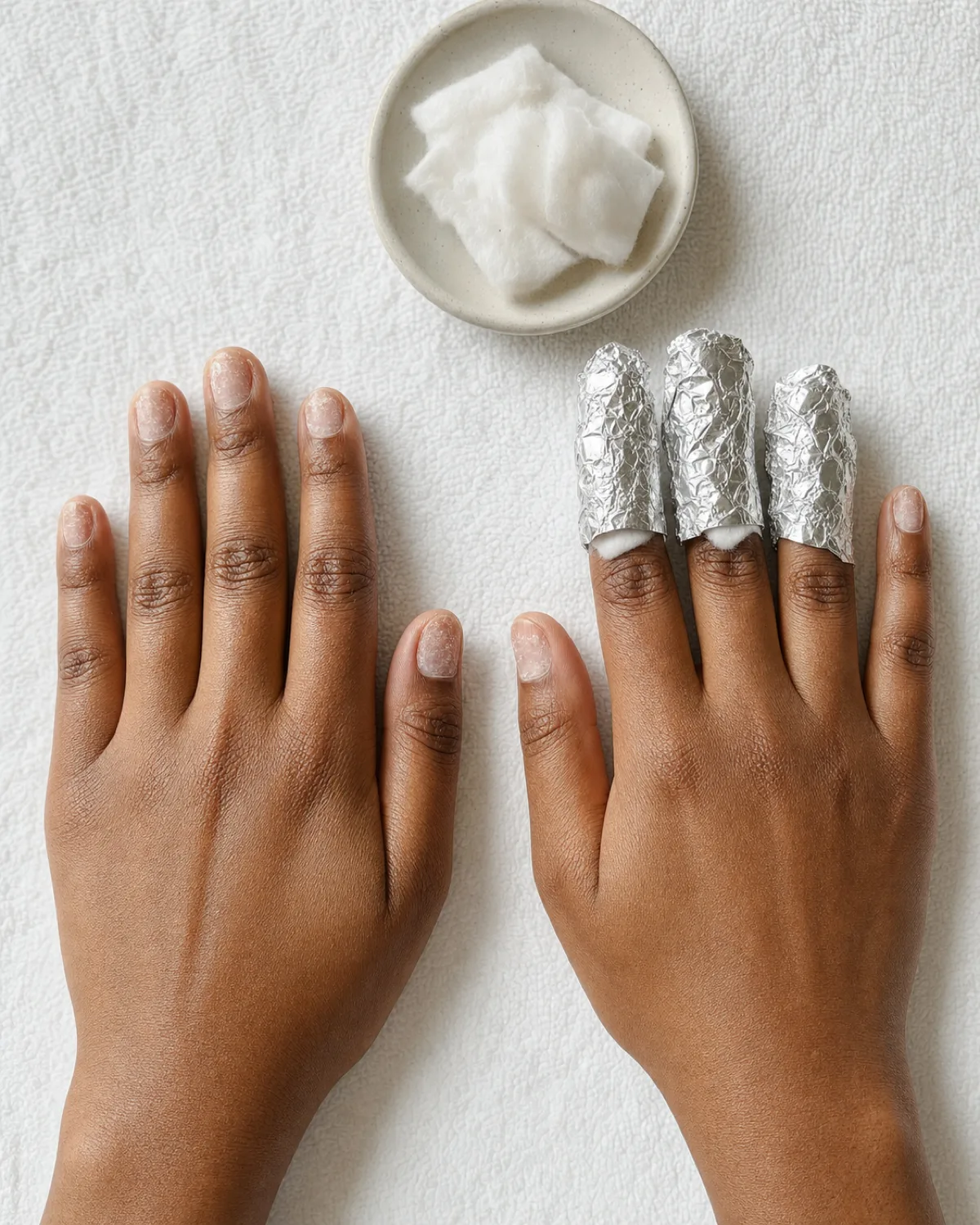 Overhead view of two hands: one showing gel-peeling damage with thin rough nails, the other with foil-wrapped fingertips for proper removal