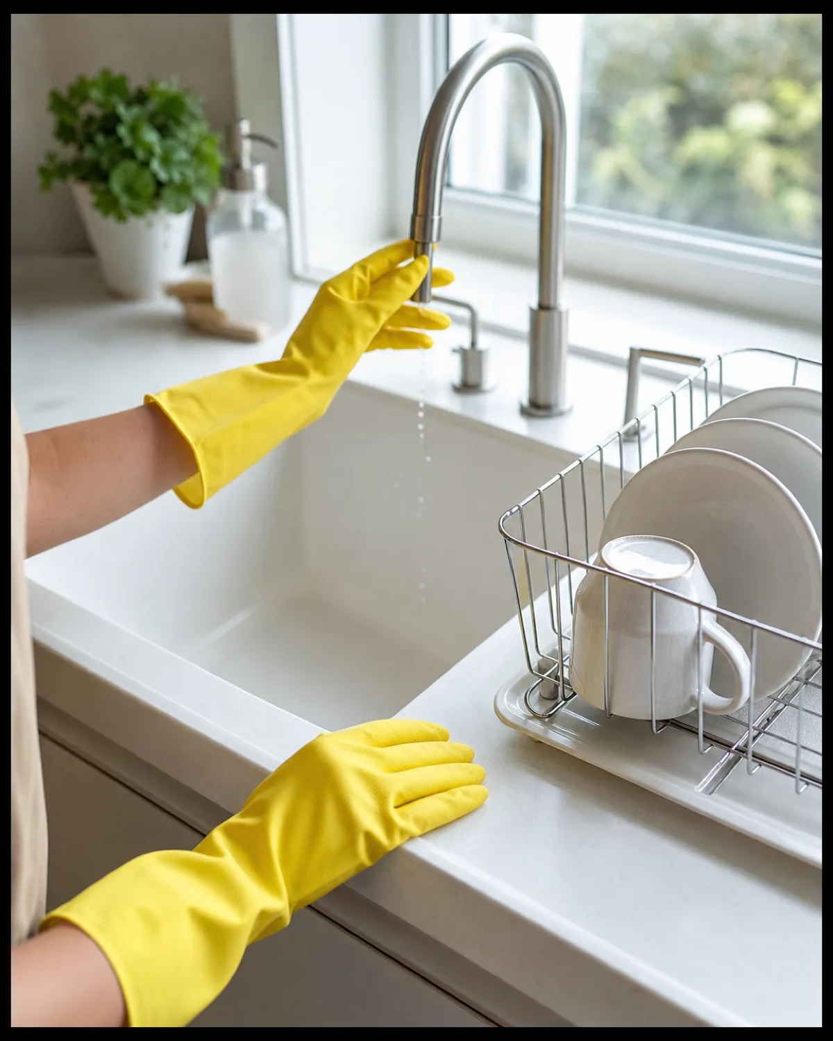 Hands wearing yellow rubber dishwashing gloves near a white kitchen sink with clean dishes in a rack