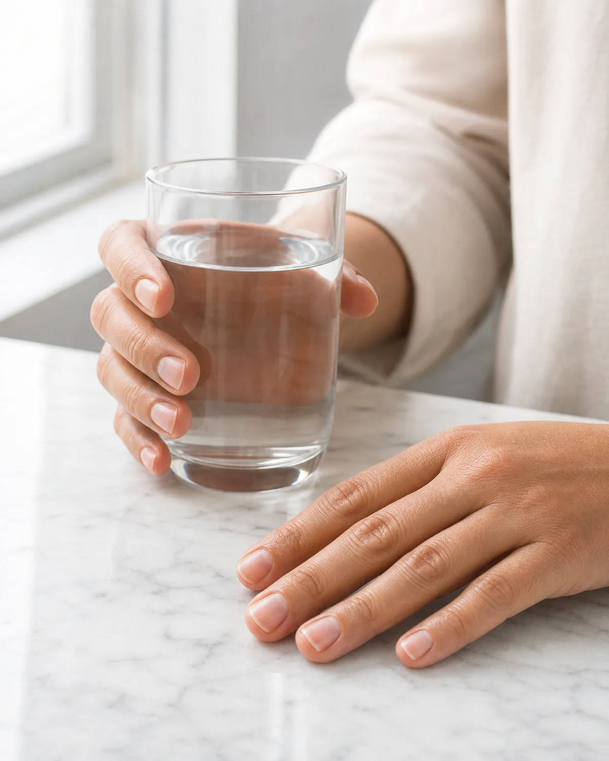 Side view of one hand holding a glass of water while the other rests on marble showing healthy pink nail beds