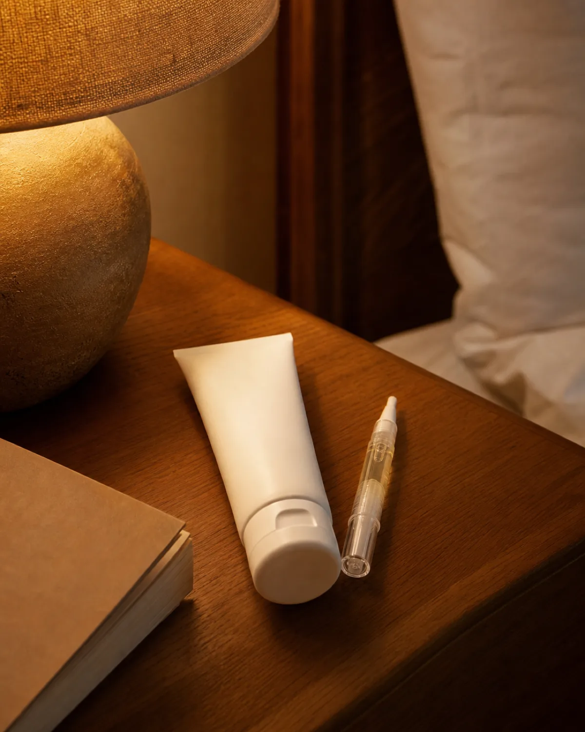 Warm evening scene of a bedside table with an unbranded hand cream tube and cuticle oil pen under lamp light