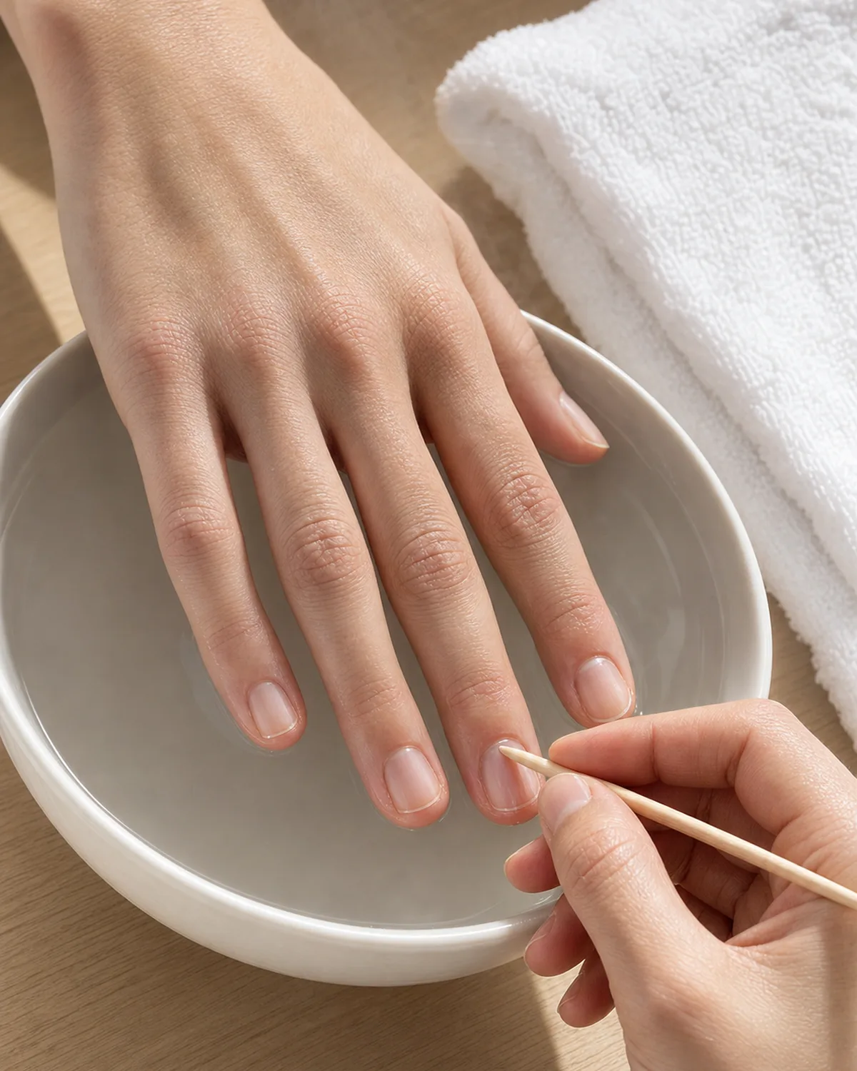 Hands showing cuticle care: one hand soaking in a warm water bowl while the other holds a wooden orange stick
