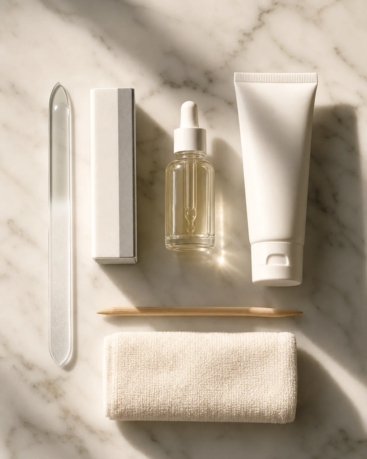 Overhead flat-lay of a complete nail care kit on white marble: glass file, buffer block, cuticle oil, hand cream, and towel