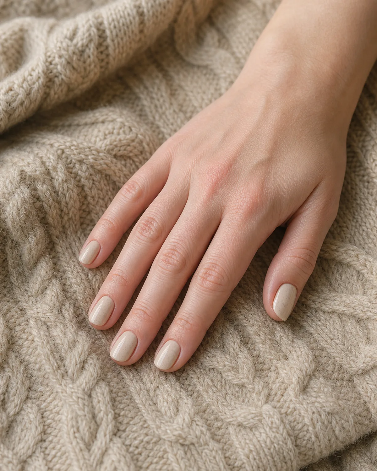 Single hand with oatmeal cream gel nails on folded oatmeal-colored cable-knit sweater