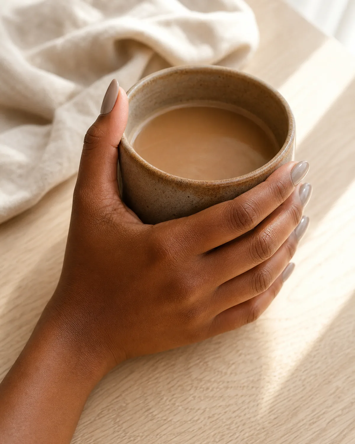 Single hand with greige gel polish nails holding a ceramic mug of coffee