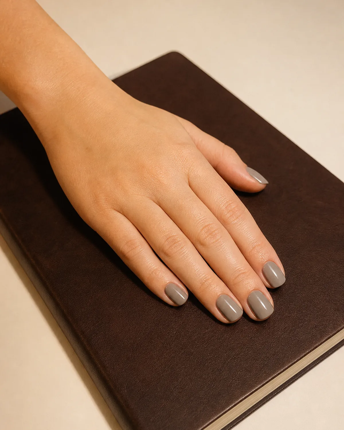 Single hand with cool stone grey gel nails resting on a dark brown leather notebook