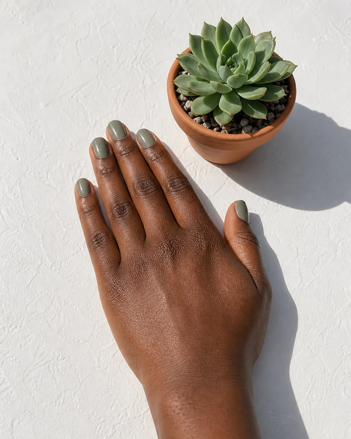 Single hand with sage-tinted greige nails beside a small potted succulent on white surface