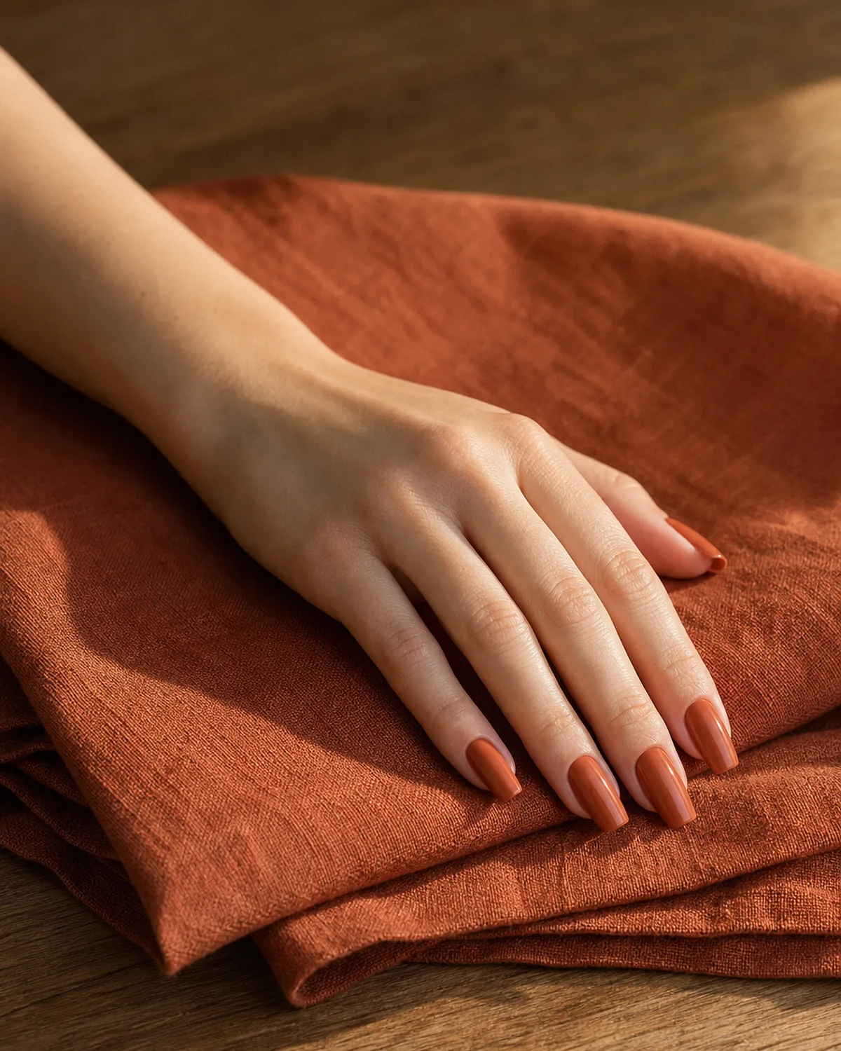 Single hand with terracotta clay cream nails on folded rust-orange linen napkin