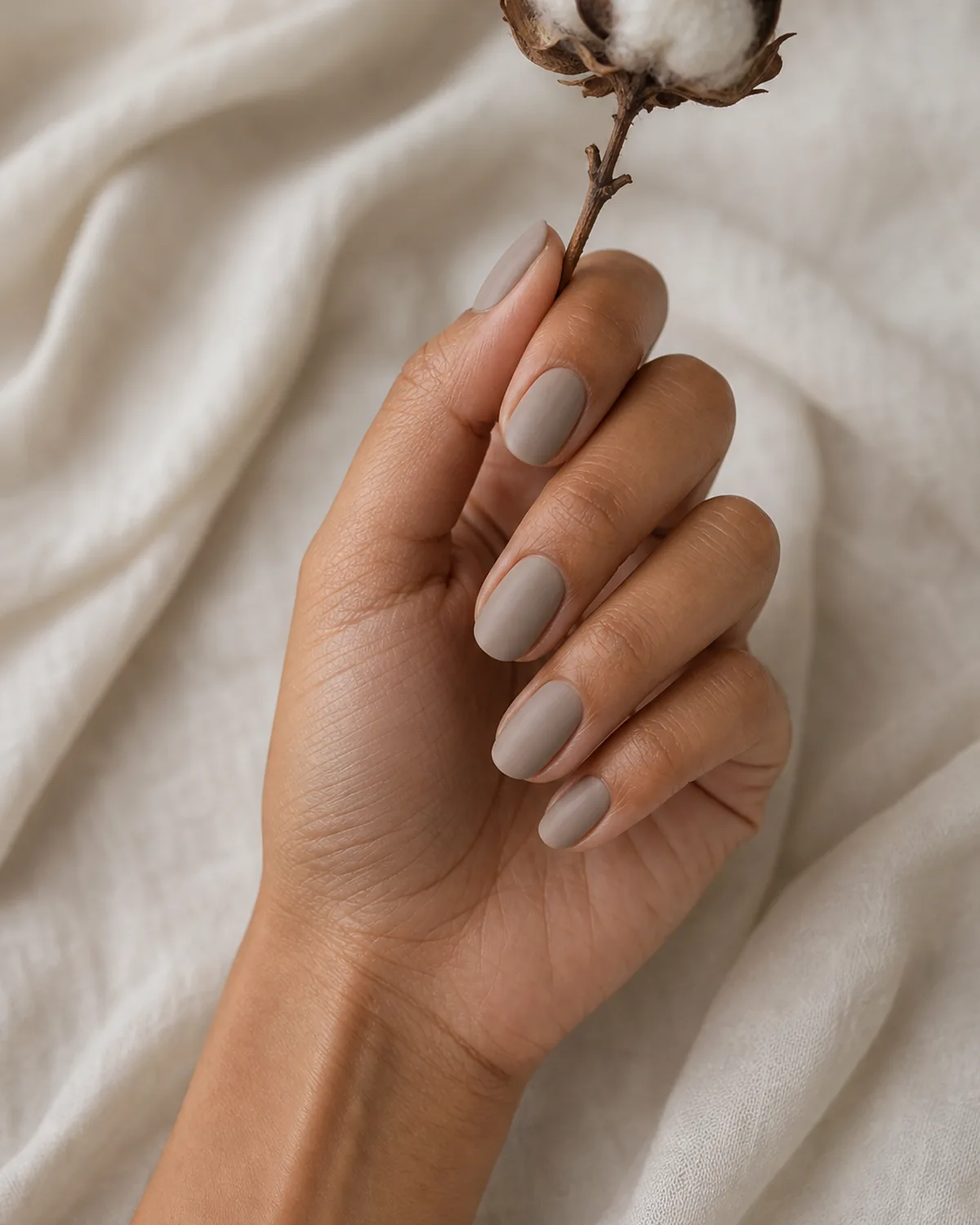Single hand with putty satin finish nails holding a dried cotton boll stem