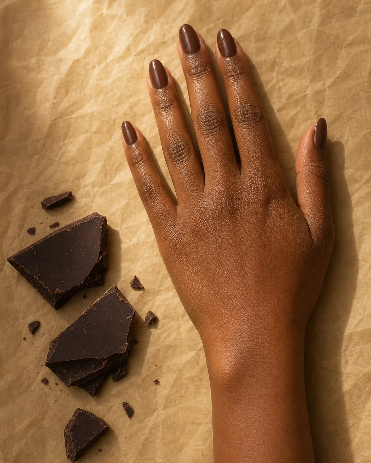 Single hand with warm cocoa dip powder nails beside dark chocolate pieces on parchment paper
