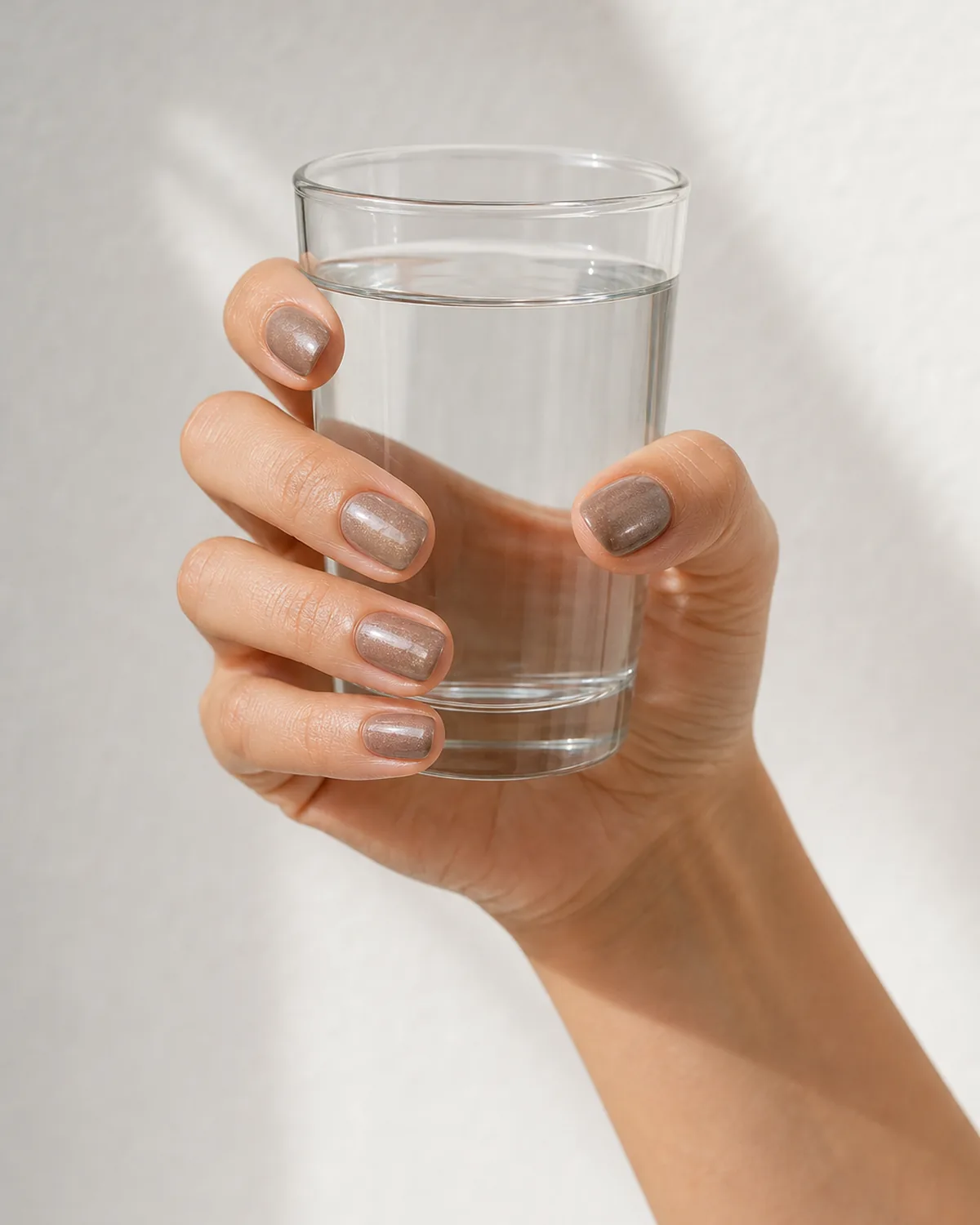 Single hand with smoky quartz shimmer gel nails holding a clear glass of water