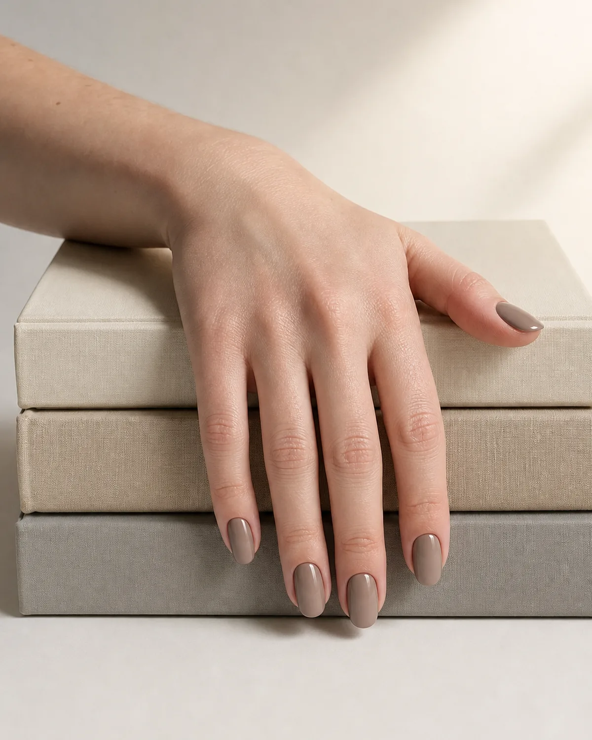 Single hand with greige-taupe hybrid gel nails draped over a stack of neutral-toned books