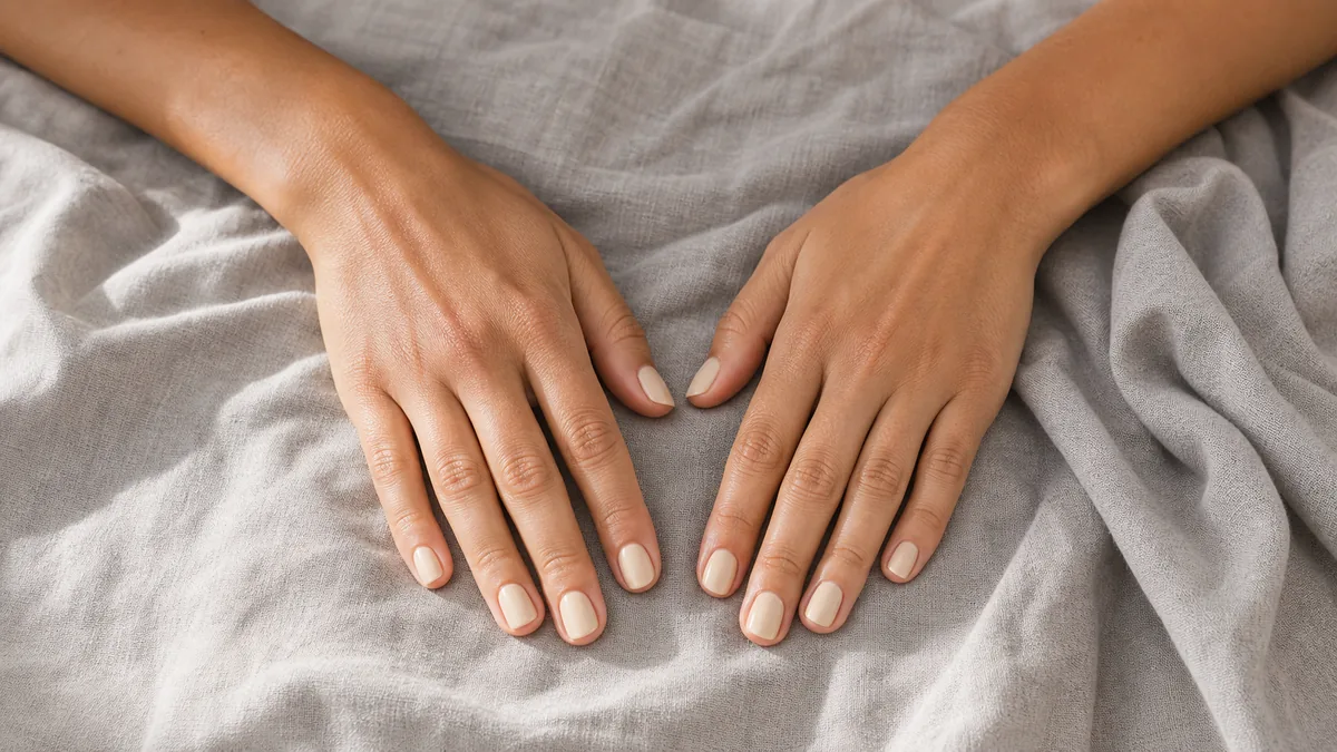 Both hands on warm grey linen displaying short round nails in oatmeal cream gel