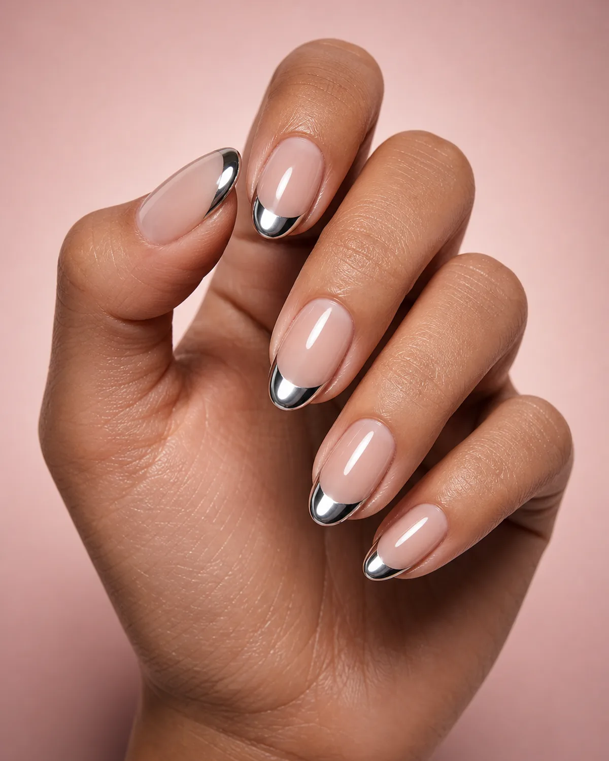 Three-quarter angle macro of one hand with silver chrome French-tip press-on nails on oval shape, fingers gently curled, chrome reflecting a bright flash of light