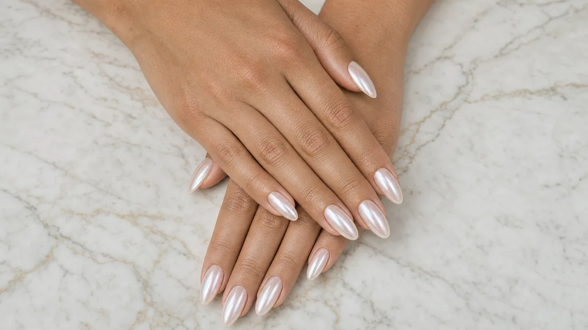 Overhead view of two hands with glazed pearlescent almond press-on nails resting on white marble, seamless cuticle fit visible