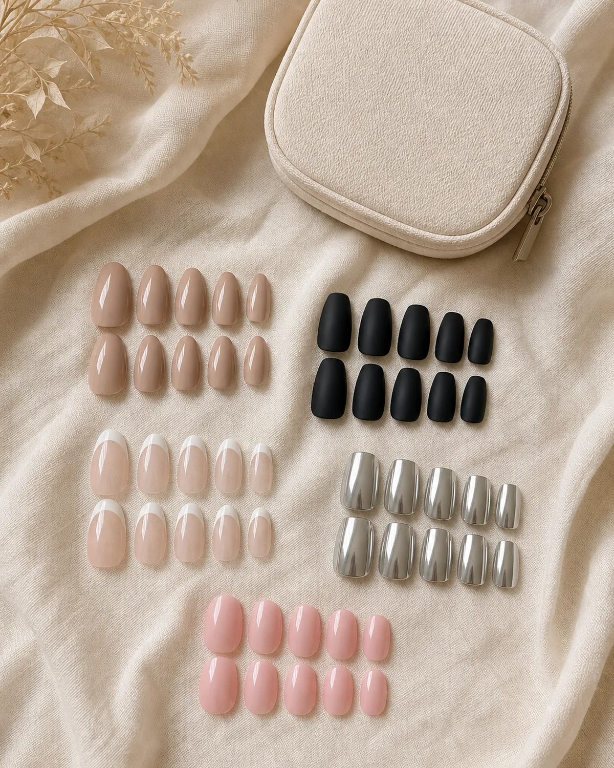 Flat-lay of five different press-on nail sets arranged next to a travel pouch on cream linen, showing almond nude, coffin black, oval French, square chrome, and round pink sets