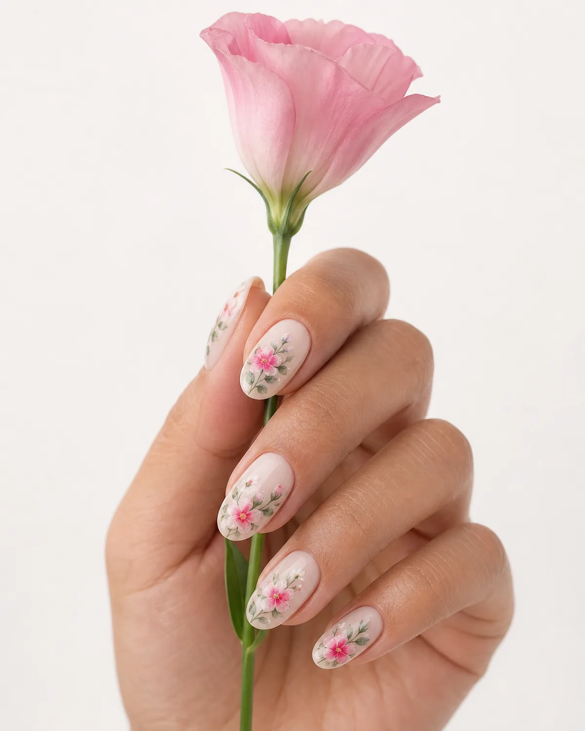 One hand with hand-painted floral design press-on nails on oval shape holding a single fresh pink flower stem, delicate petals and leaves visible in detail