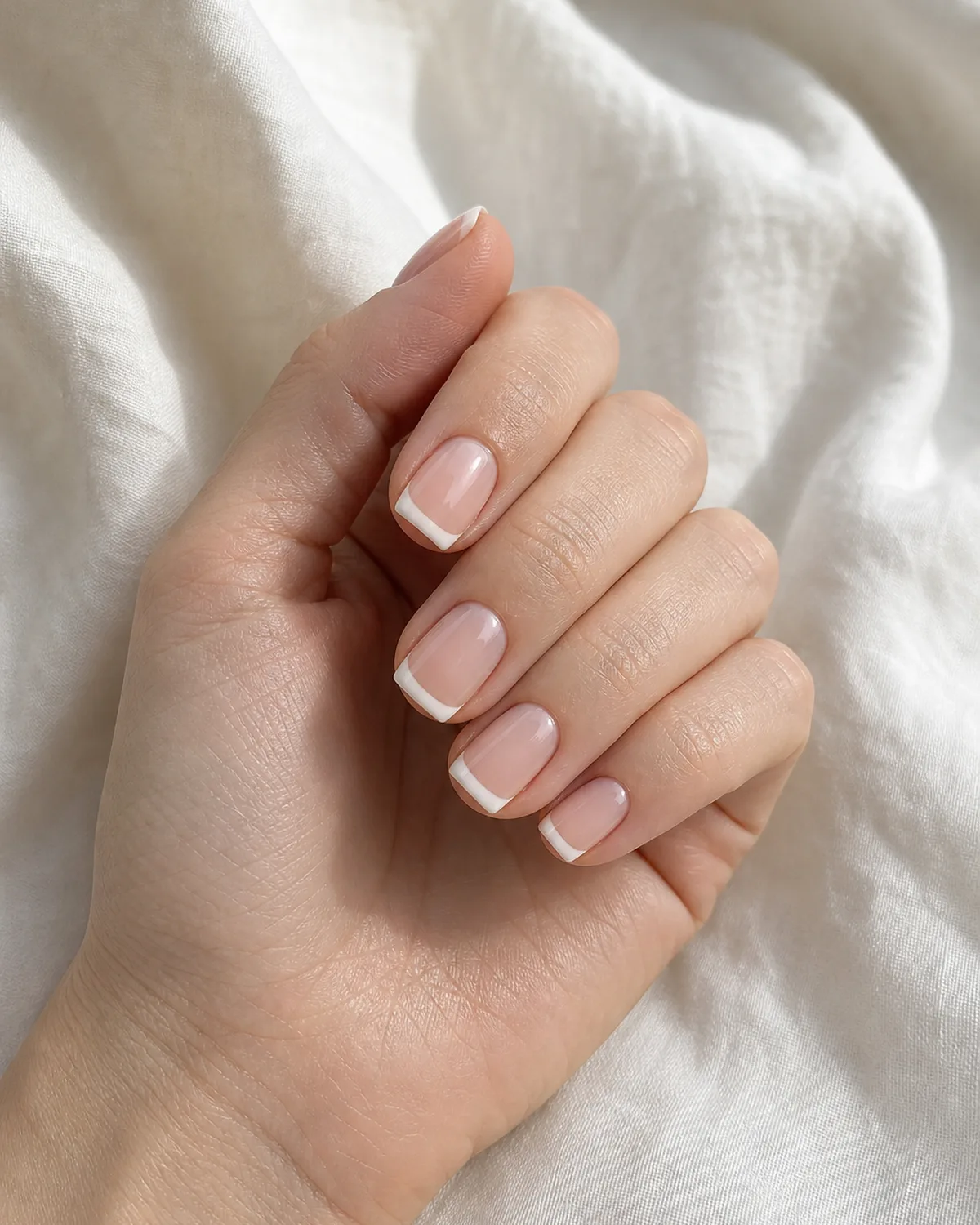 One hand with classic white-tip French press-on nails on short square shape lying relaxed on white linen, showing thin clean smile line