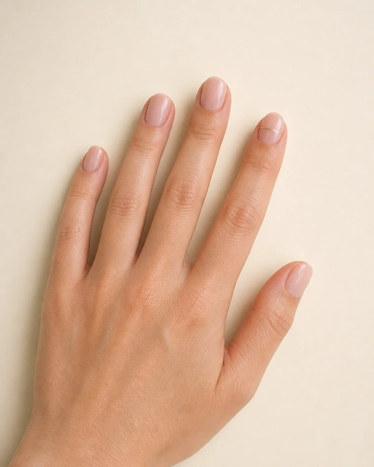 Overhead view of one hand with sheer nude press-on nails on short round shape, ring finger showing a single thin gold accent line, fingers fanned on warm cream surface