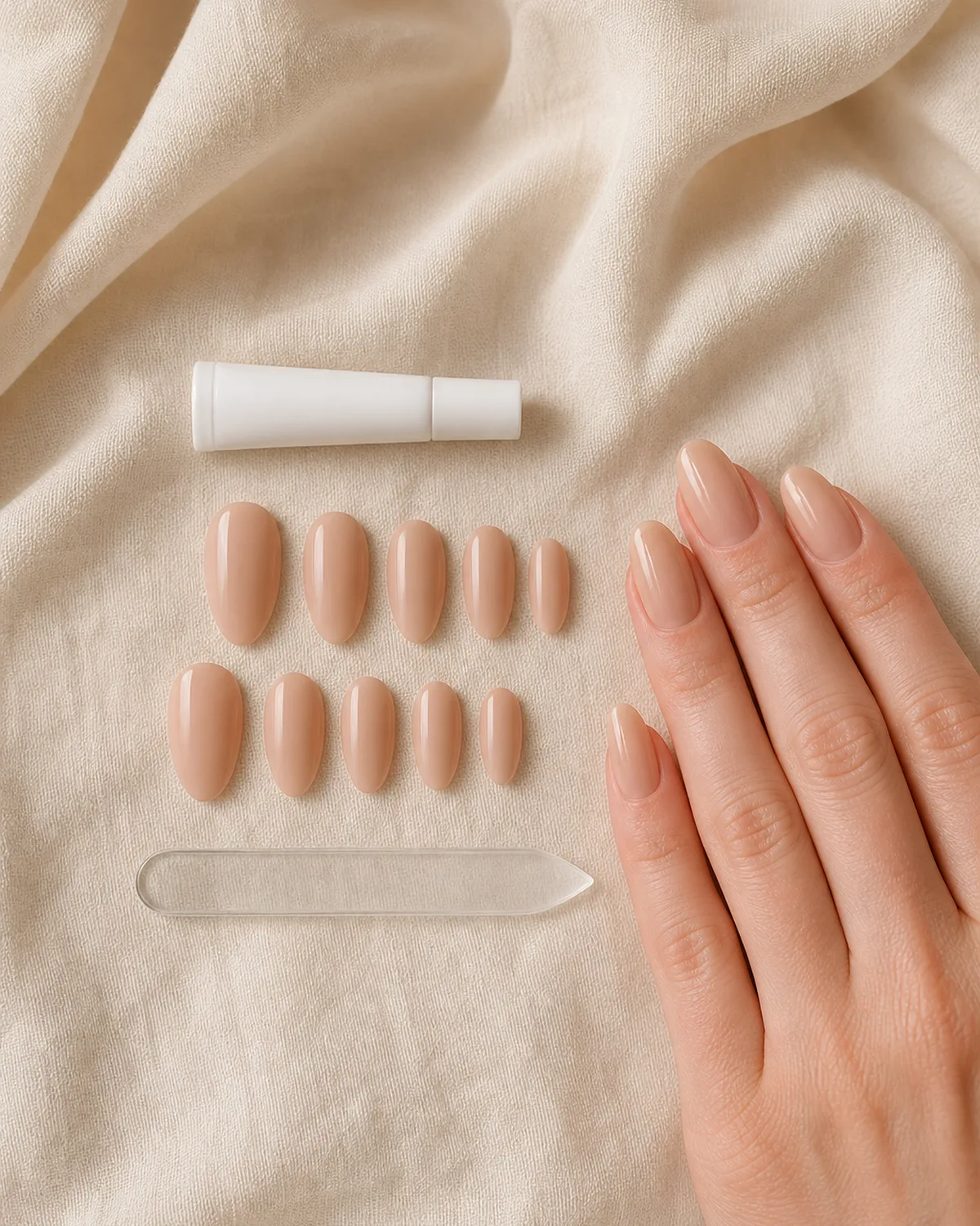 Overhead flat-lay of a nude almond press-on nail set alongside a small nail glue tube and a glass nail file on warm cream fabric, one hand visible at the edge wearing the same set