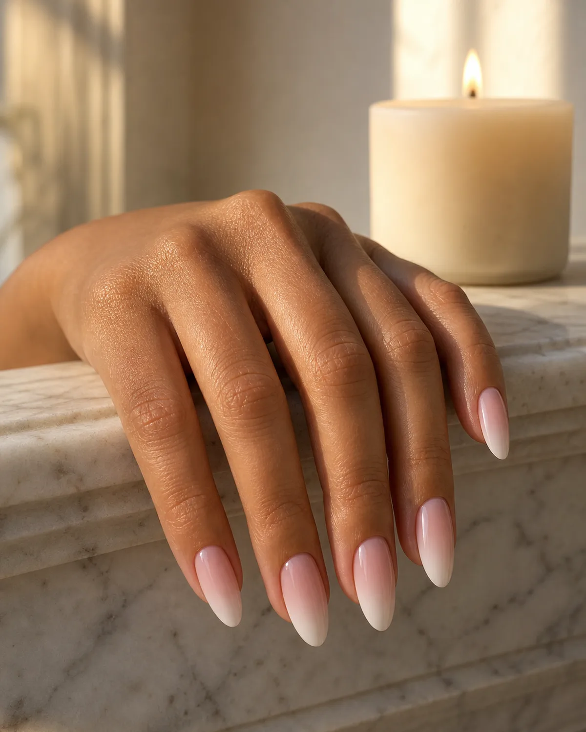 One hand with baby pink to white ombré press-on nails on almond shape resting next to a candle on marble, three-quarter angle with warm golden hour lighting