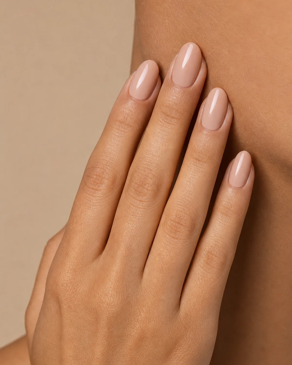 Single hand wearing quality nude press-on nails on oval shape near the face, salon-perfect finish with flawless cuticle line, three-quarter angle
