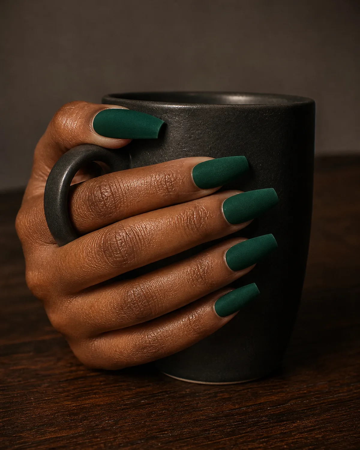 One hand with deep emerald green velvet matte press-on nails on coffin shape holding a dark ceramic mug, warm studio light, velvety texture visible in the finish