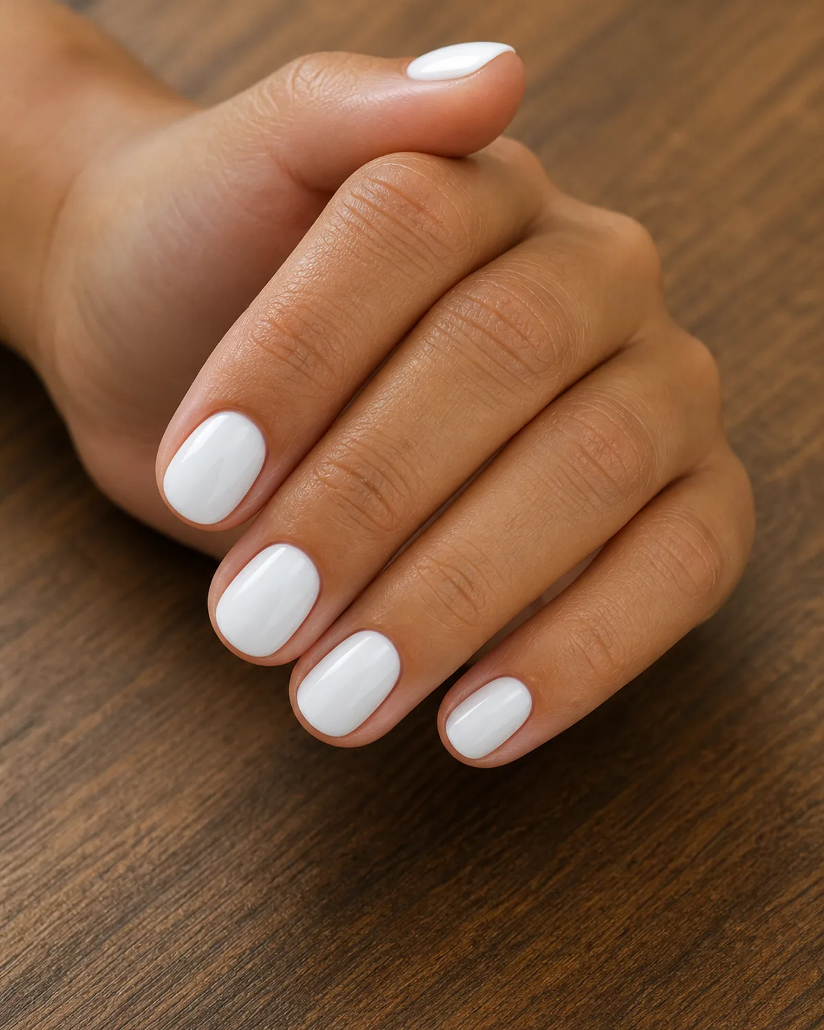 Glossy milk-white on extra-short round nails