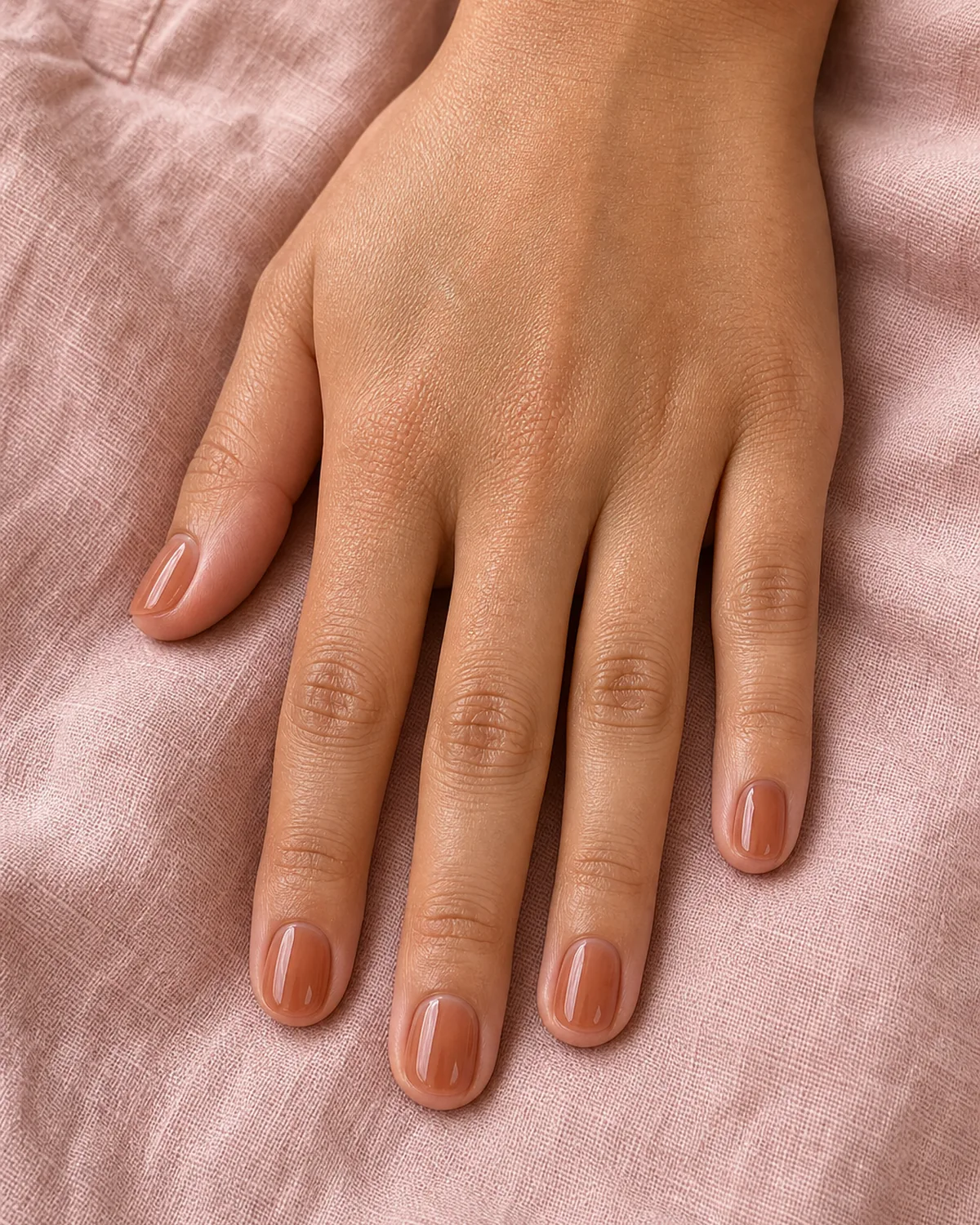 Sheer cinnamon on extra-short round nails