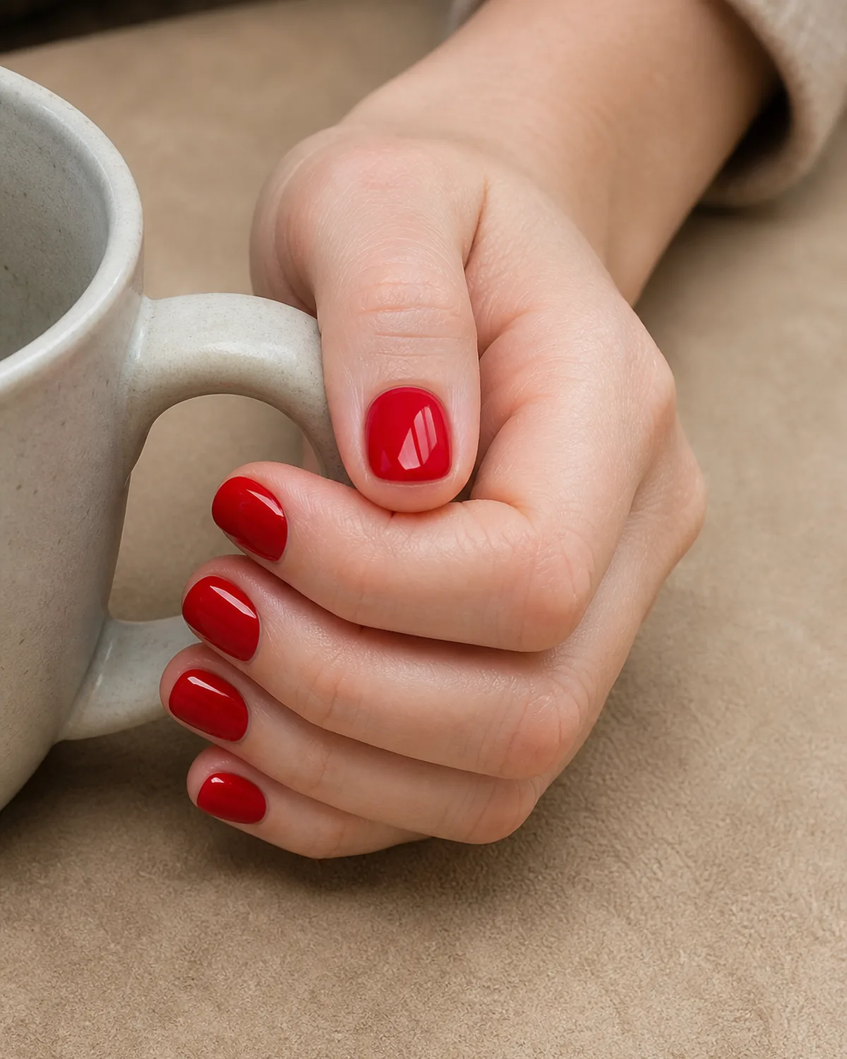 Classic red gloss on short round nails