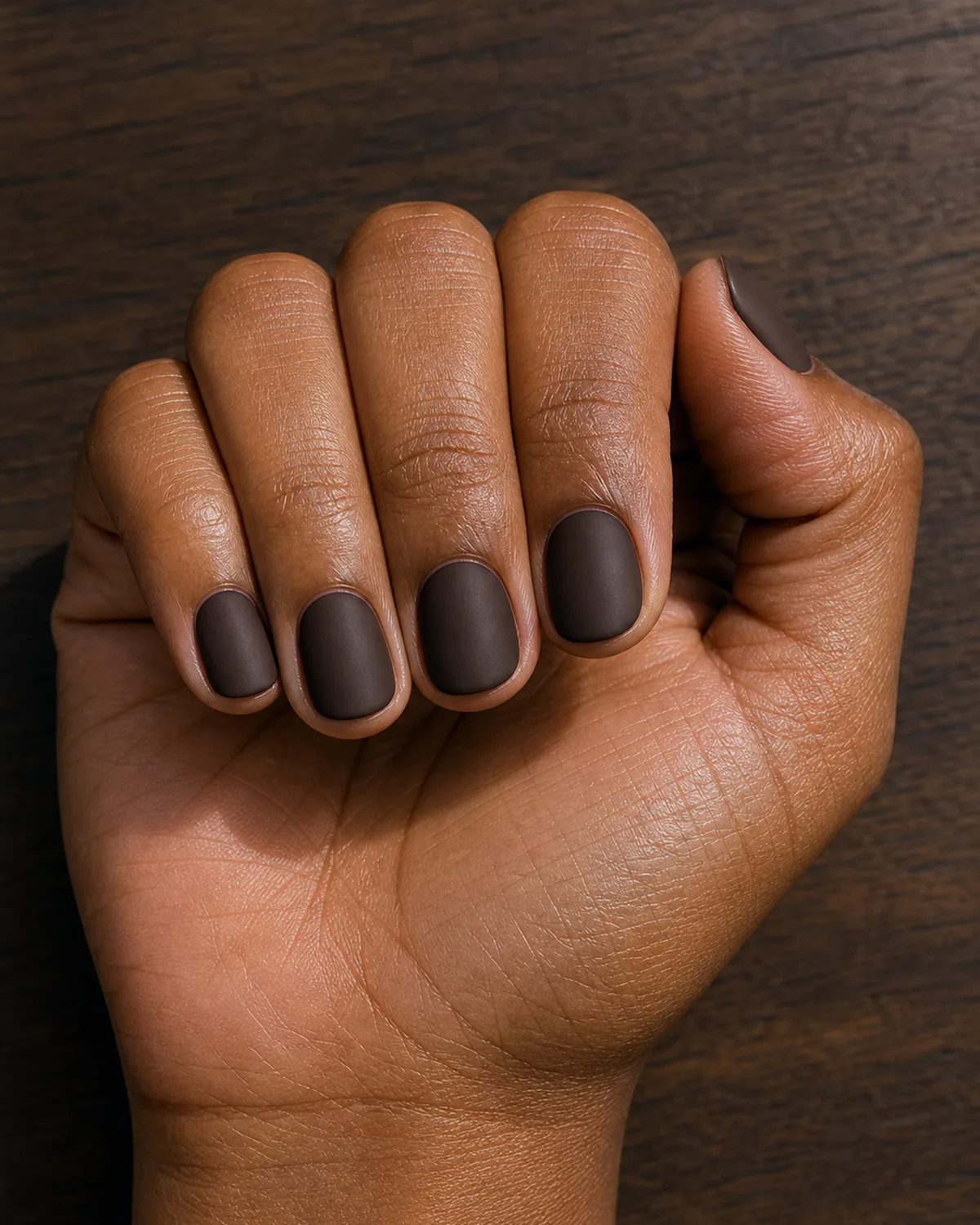 Matte espresso brown on short round nails