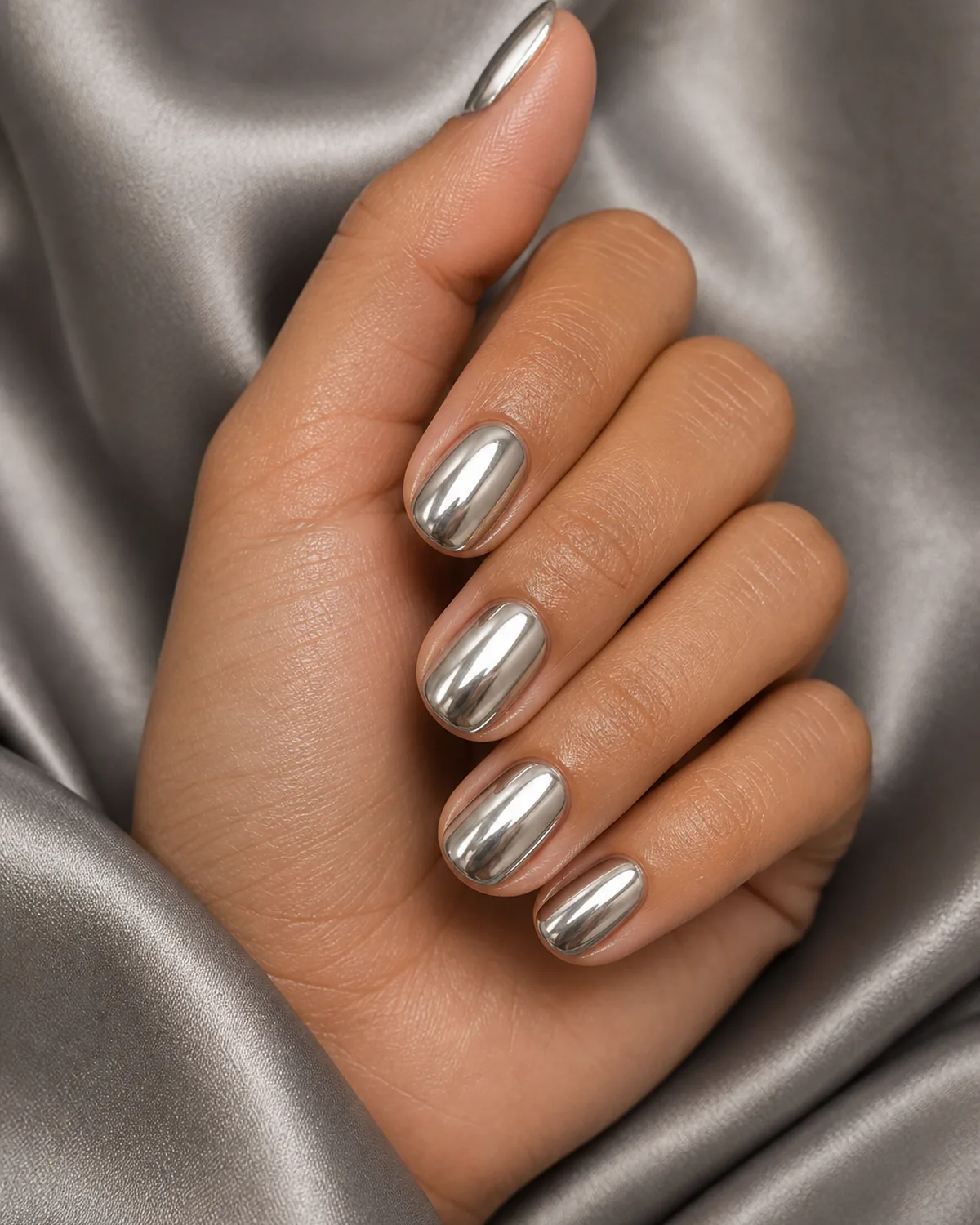 Chrome silver mirror on short-medium round nails