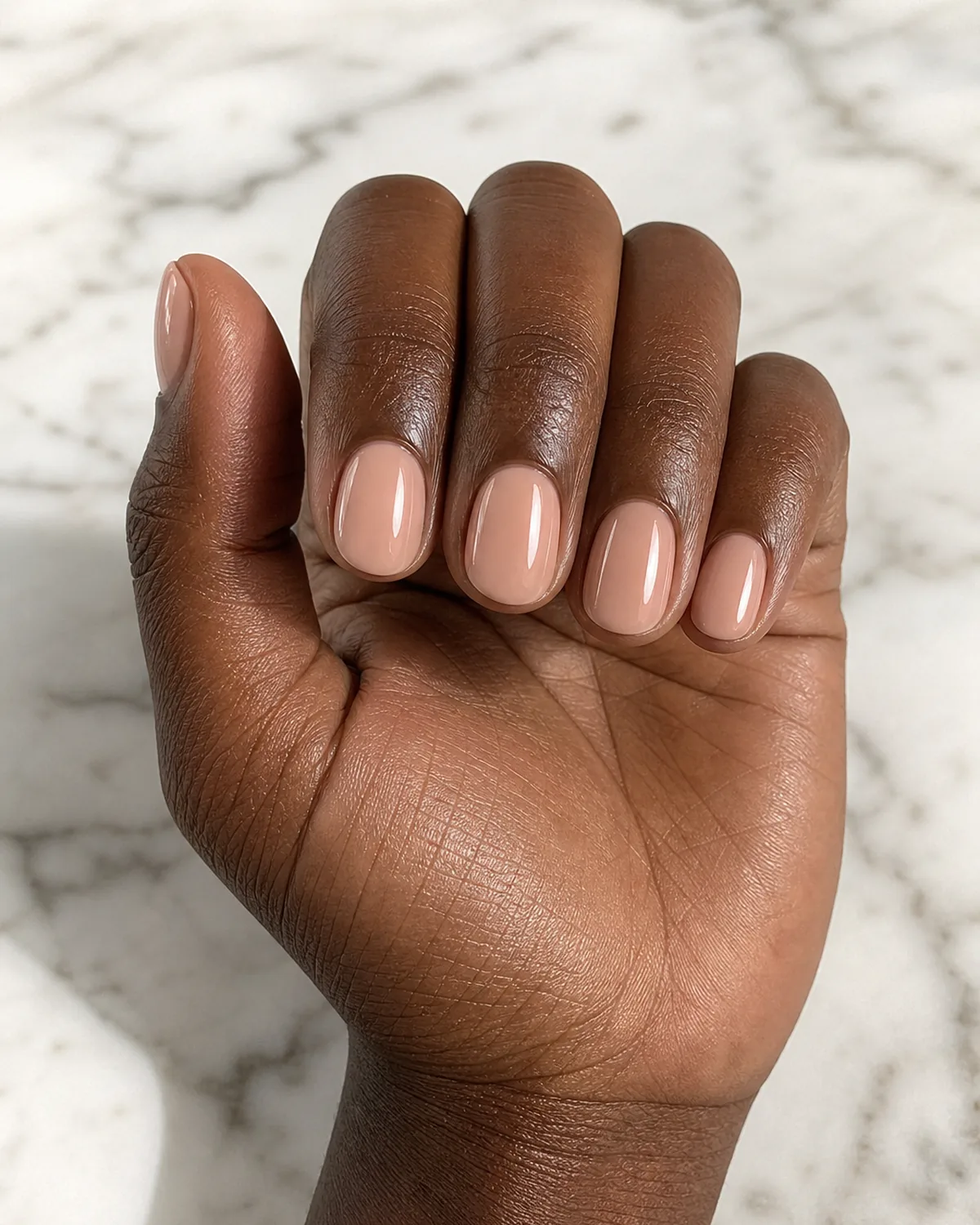 Classic nude gloss on short-medium round nails