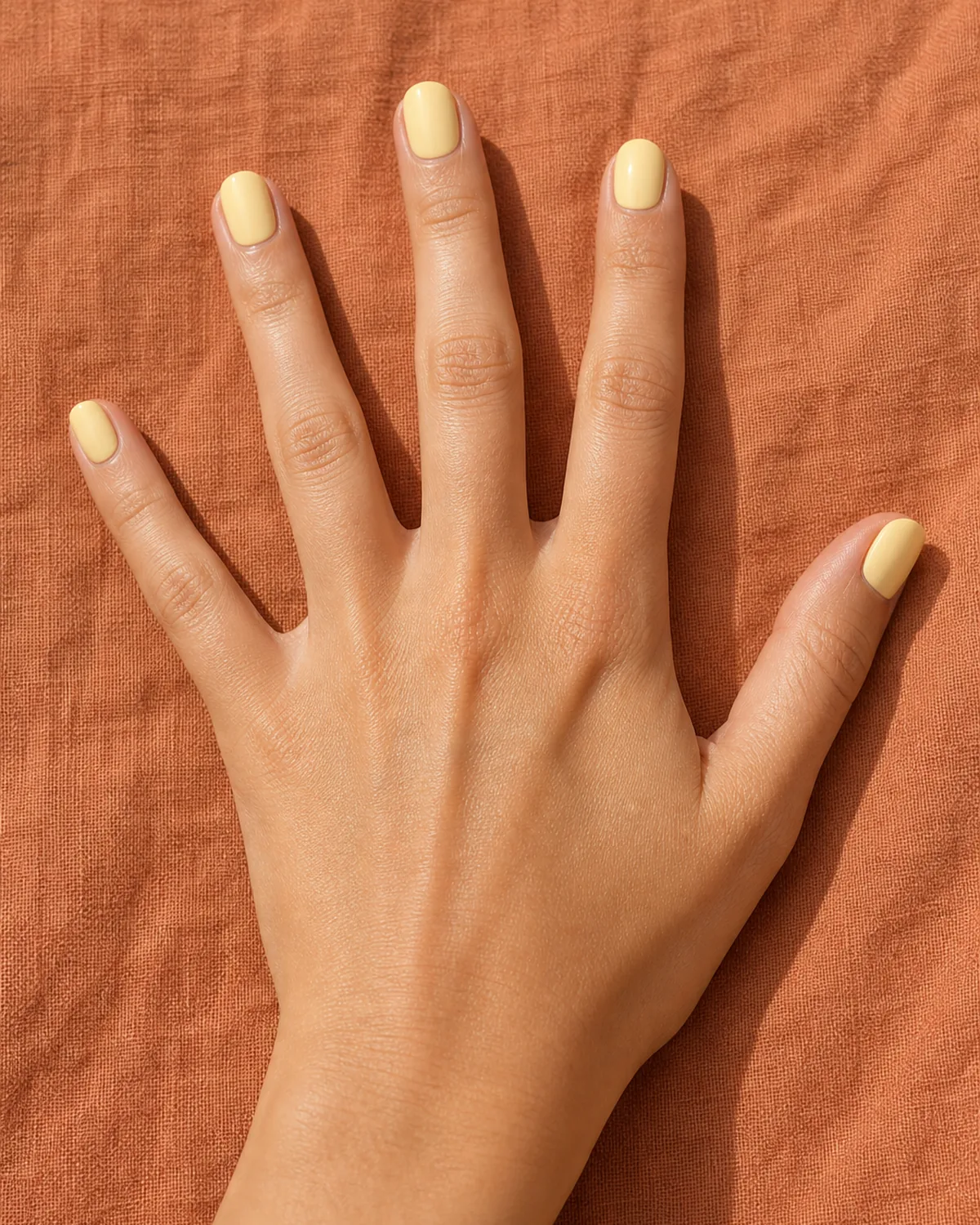 Soft butter yellow on short-medium round nails