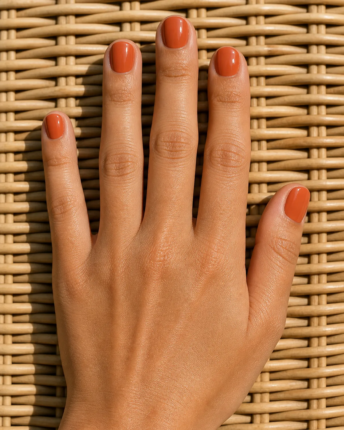 Warm terracotta gloss on short round nails
