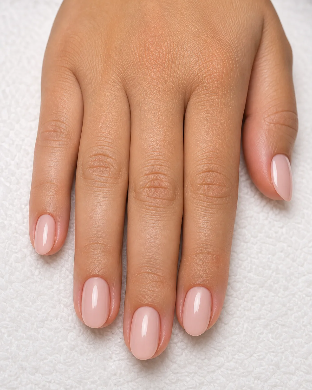 Front view of a hand with short oval acrylic nails in neutral blush pink resting on a clean white salon towel