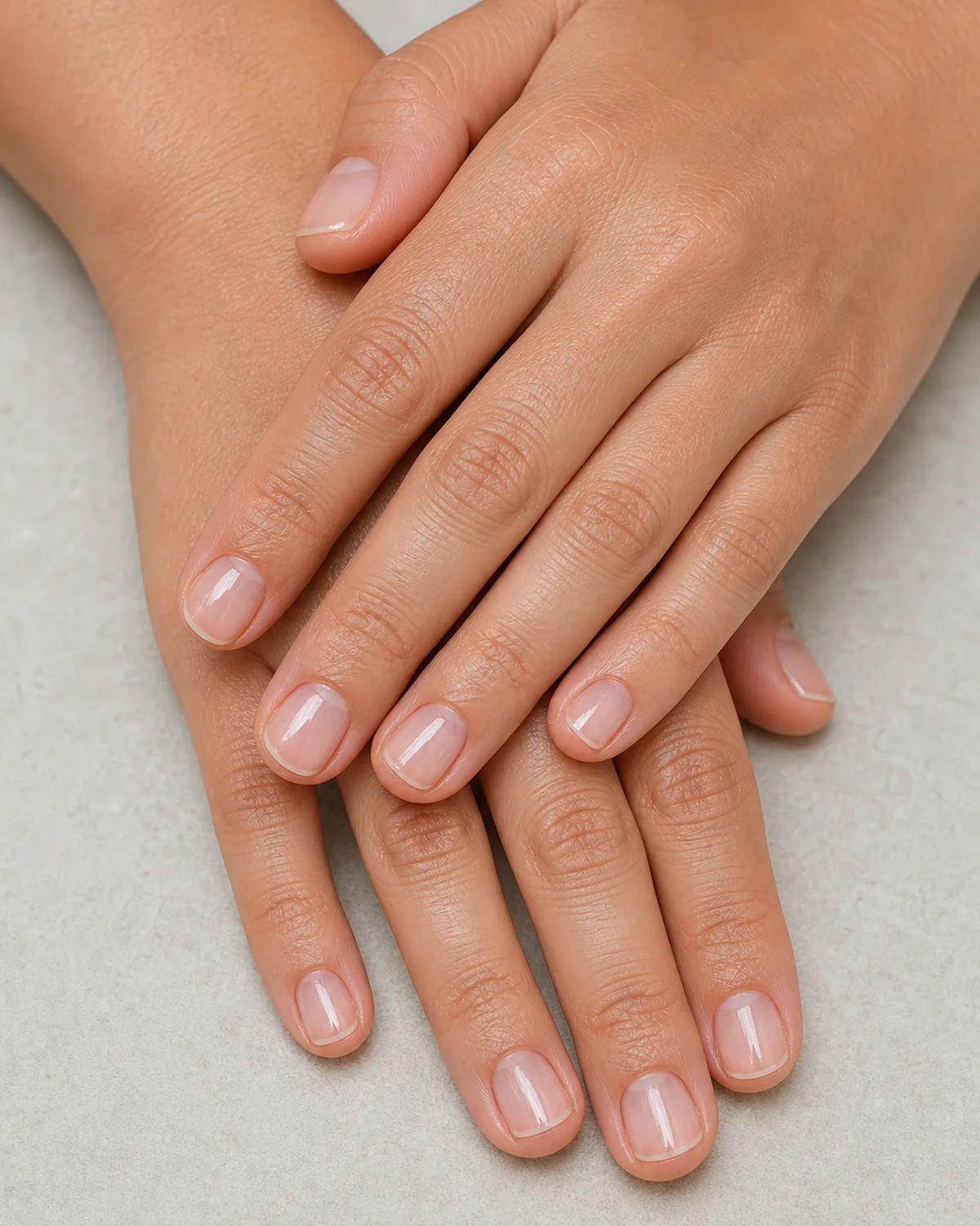 Overhead view of two overlapping hands showing natural nails with clear builder gel overlay, glassy smooth surface