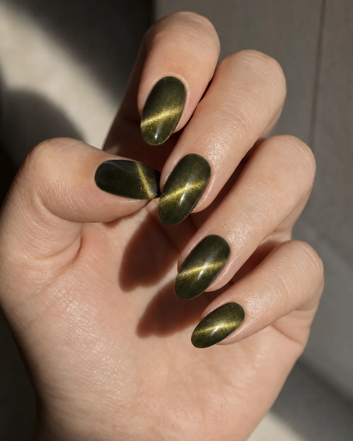 Three-quarter angle of a hand with short almond acrylic nails in dark olive cat eye finish, golden magnetic swirl catching light