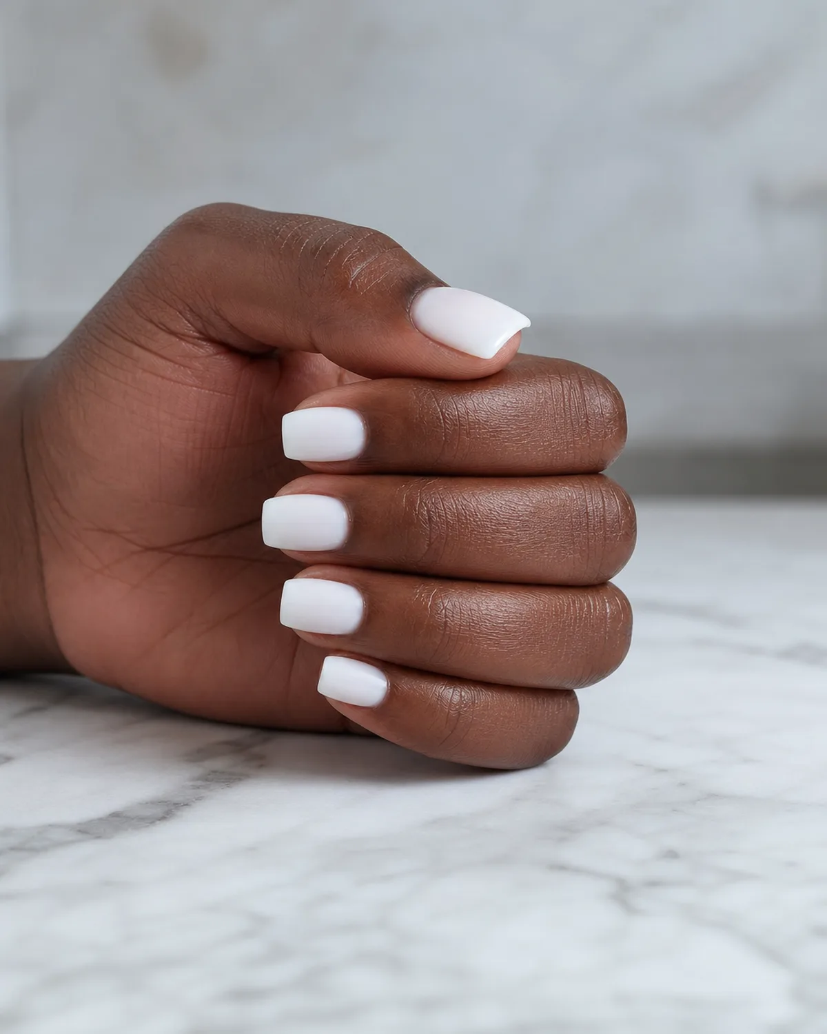 Side profile of a hand with short coffin acrylic nails in milky white showing the flat squared-off tip