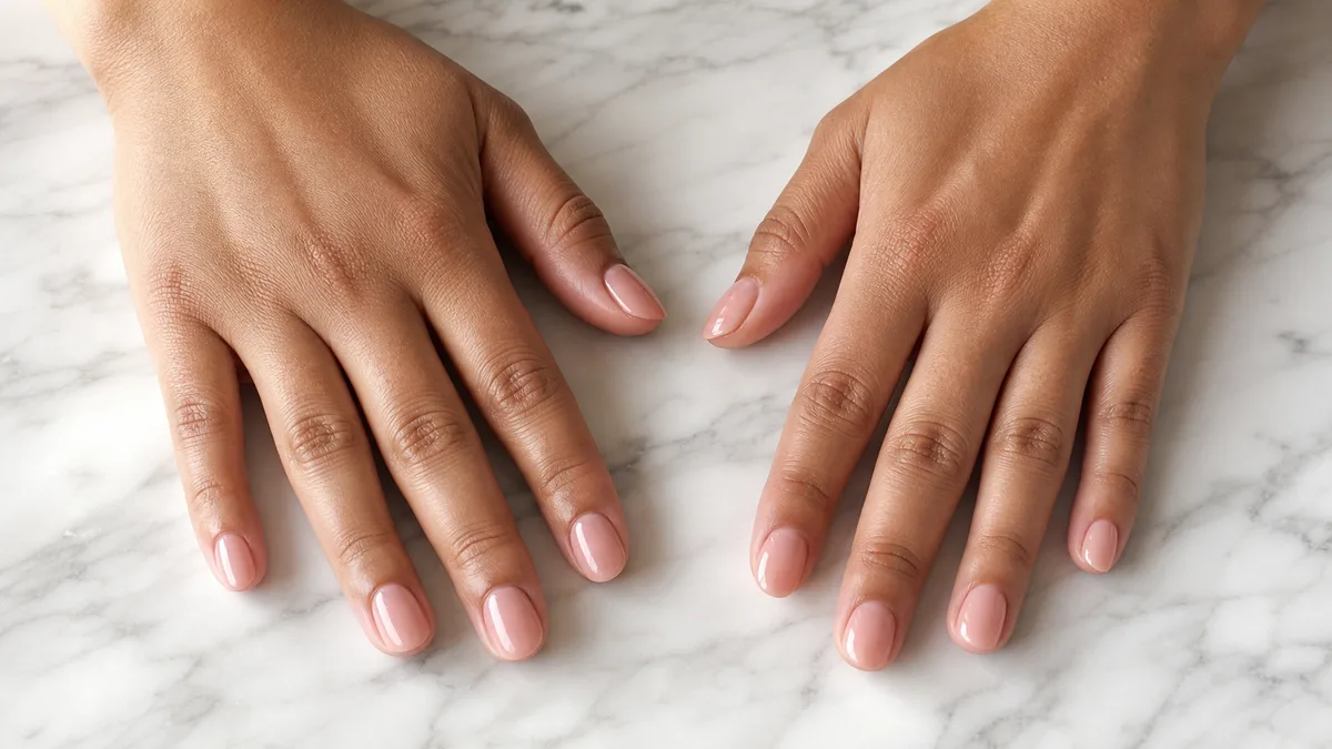 Top-down view of two hands with short almond acrylic nails in glossy nude pink resting on white marble