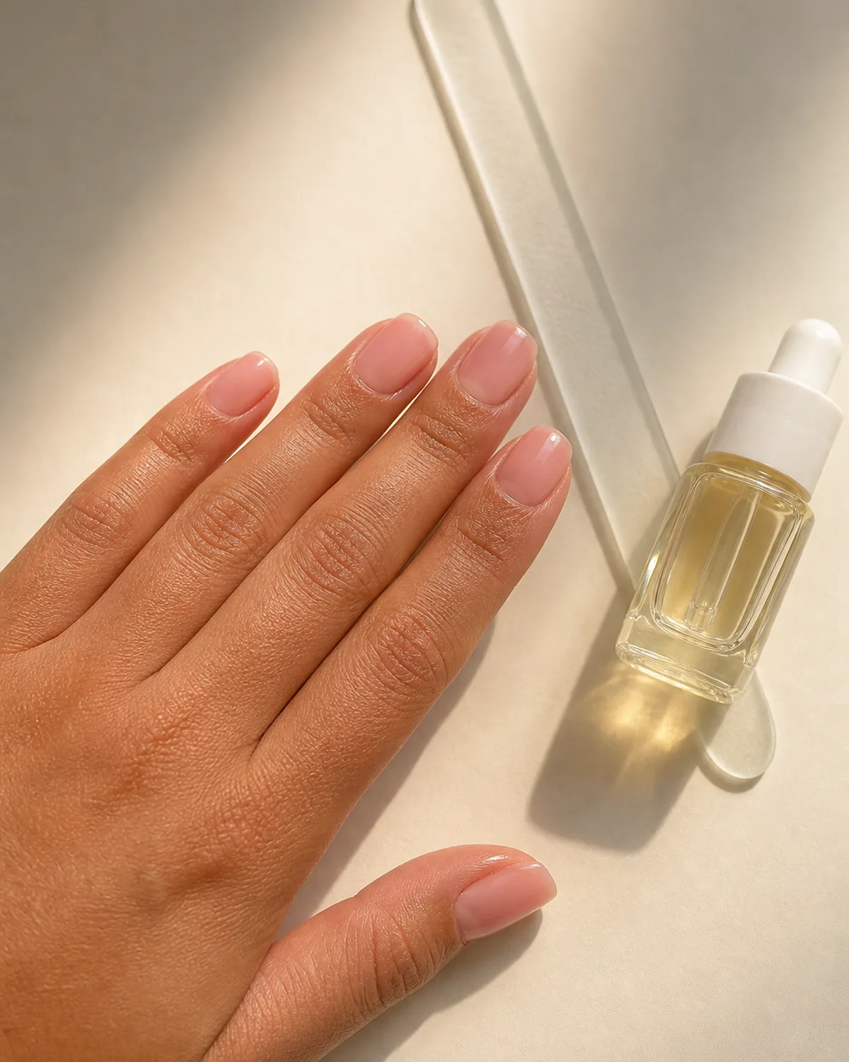 Warm overhead flat-lay of a hand with short squoval acrylic nails in sheer pink beside a glass file and cuticle oil