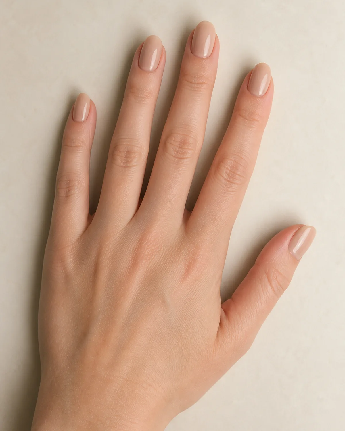 Overhead view of a single hand with short almond acrylic nails in glossy nude on a cream surface
